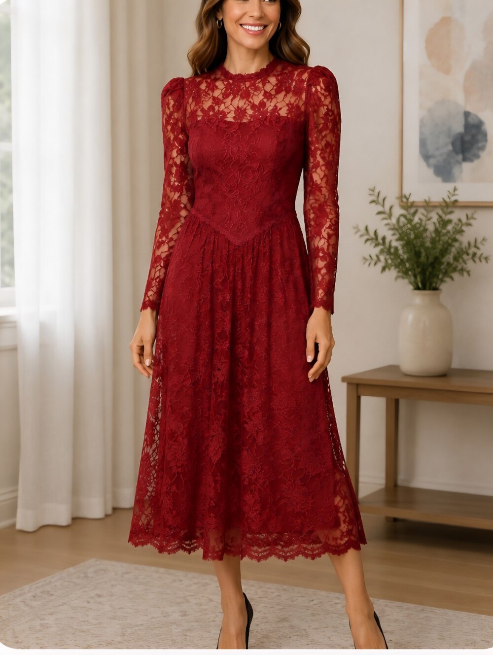 Vintage 80s Courtenay Red Lace Midi Dress Romantic Basque Goth Long Sleeve Sz10